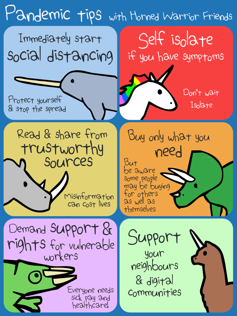 Title says "Pandemic tips with Horned Warrior Friends" 
Panel 1 of 6: Narwhal says "Immediately start social distancing. Protect yourself and stop the spread" 
Panel 2 of 6: Unicorn says "Self isolate if you have symptoms. Don't wait, isolate" 
Panel 3 of 6: Rhino says "Read and share from trustworthy sources. Misinformation can cost lives" 
Panel 4 of 6: Triceratops says "Buy only what you need. But be aware some people may be buying for others as well as  
Panel 5 of 6: Horned Chameleon says "Demand support and rights for vulnerable workers. Everyone needs sick pay and healthcare!" 
Panel 6 of 6: Alpacacorn says "Support your neighbours and digital communities"
